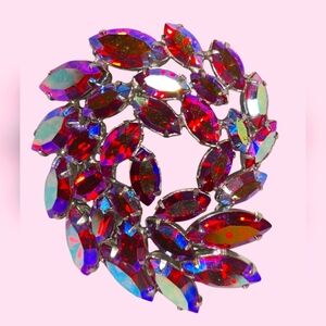 Regency Signed Vintage Pink/Red Iridescent Crystal Brooch